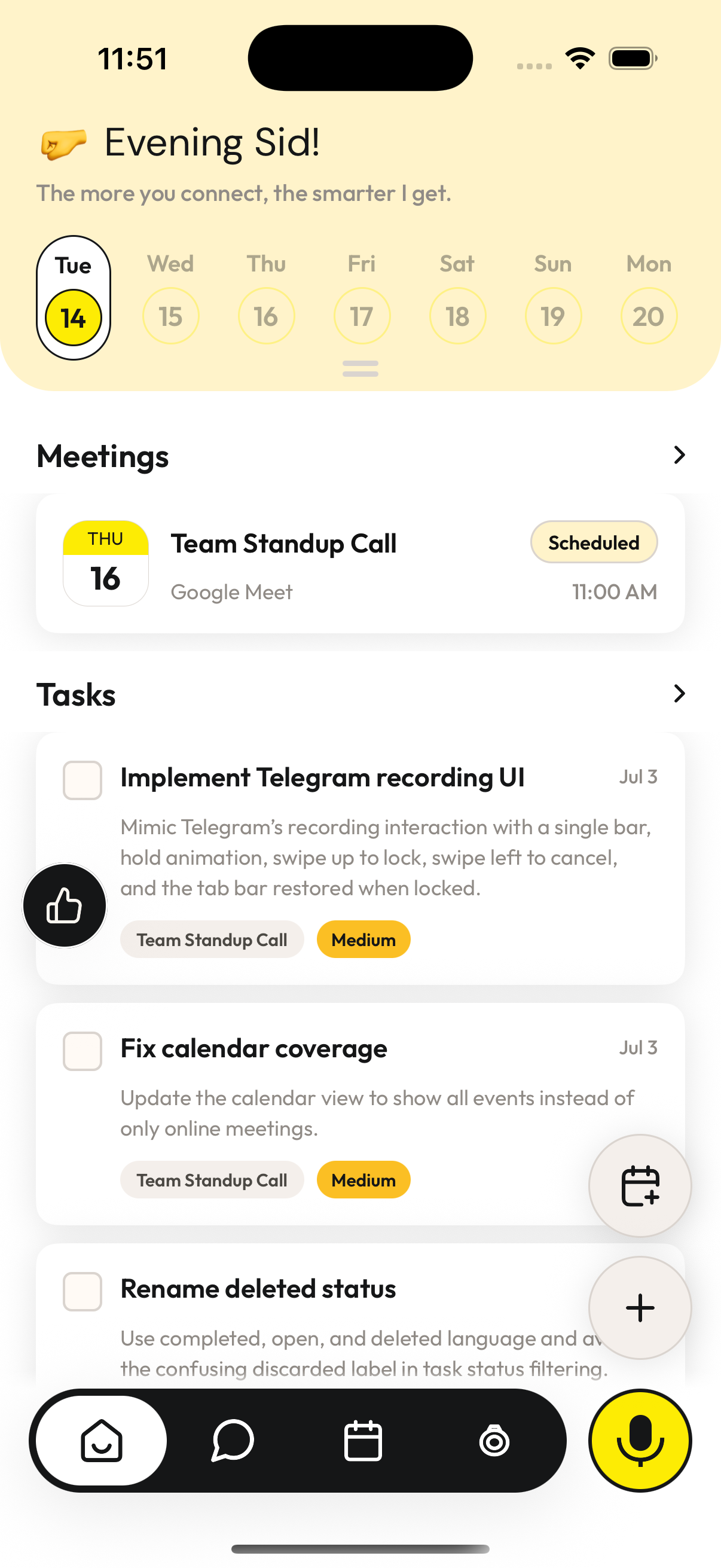 Zero iOS home screen showing upcoming meetings and tasks