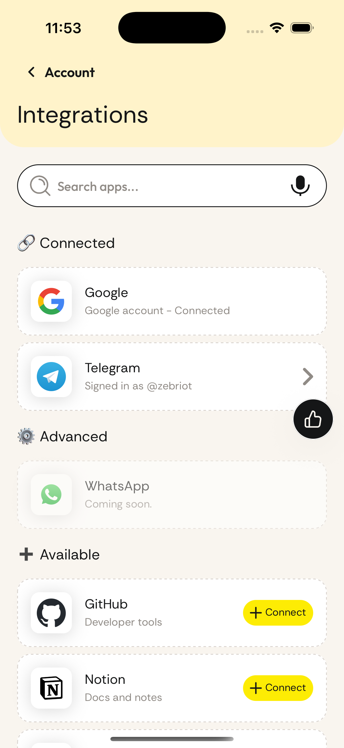 Zero iOS integrations screen with connected and available apps