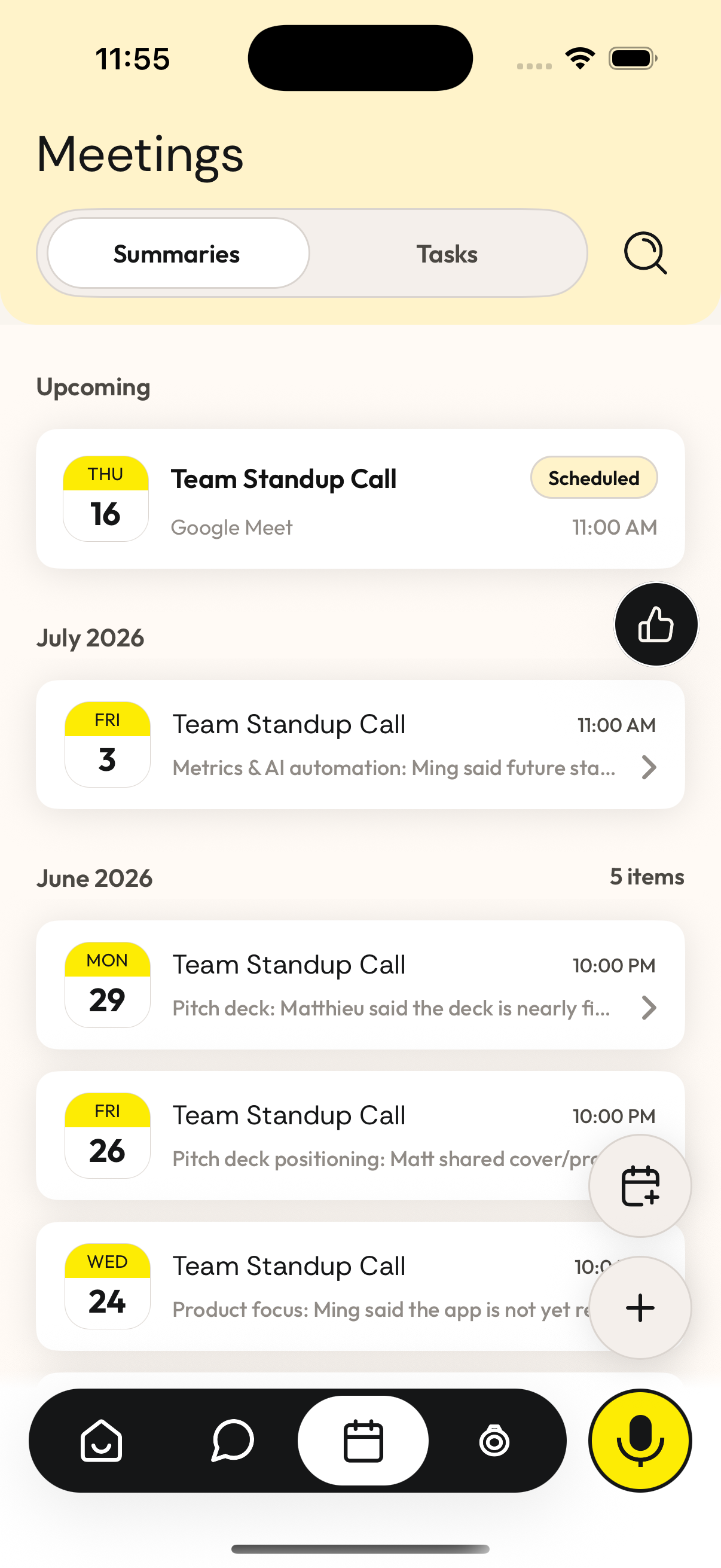 Zero iOS meetings screen with upcoming meetings and summaries