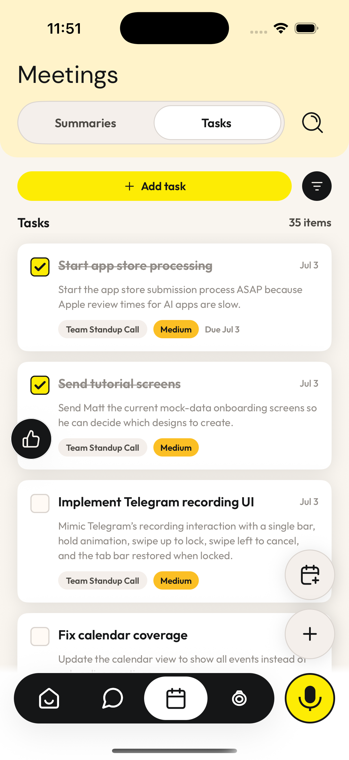 Zero iOS task screen with completed and open follow-ups